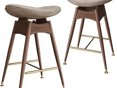 Modern Bar Stools With Gray Leather Seats Dark Brown Wooden Legs And Gold Details 3d model