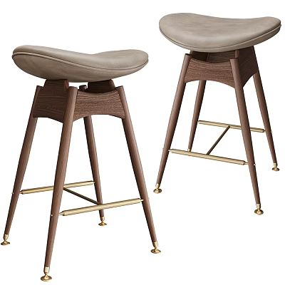 Modern Bar Stools With Gray Leather Seats Dark Brown Wooden Legs And Gold Details 3d model