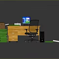 Home Office Workspace With Yellow Desk Computer Pizza Boxes Stacked Boxes And Office Chair