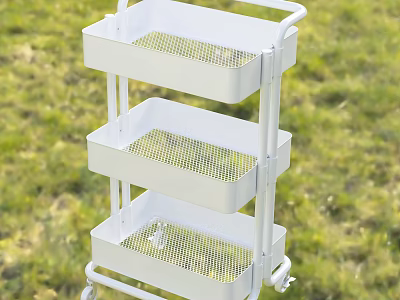 White Three Tier Rolling Storage Cart With Mesh Baskets For Utility Use 3d model