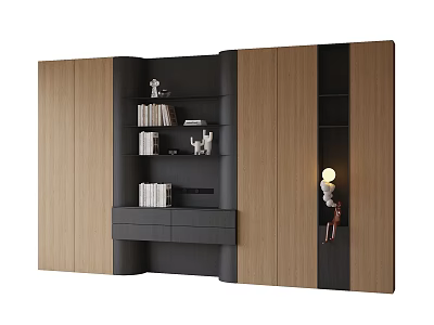 Modern Wooden Bookcase With Multiple Shelves Drawers Holding Books And Decorative Items 3d model