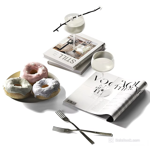 Decorative Ornament Combination with Donuts on Plate Magazines Wine Glasses and Forks 3d model 