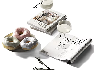 Decorative Ornament Combination with Donuts on Plate Magazines Wine Glasses and Forks 3d model