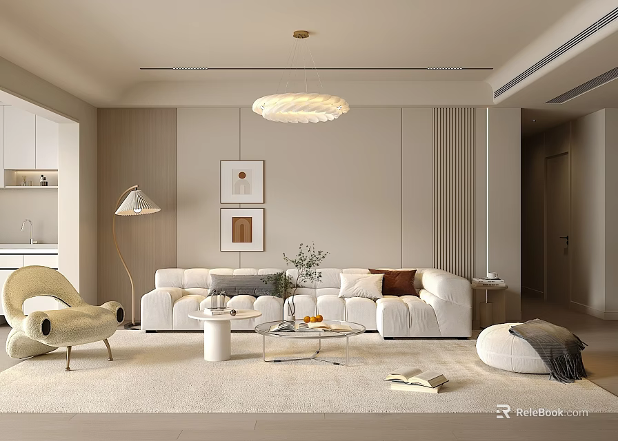 Modern Living Room Interior With White Sofa Floor Lamp Decorative Artworks Coffee Table And Chandelier 3d model 