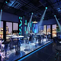 Modern Bar Interior With Neon Lights Green Wall Decor And Bar Stools