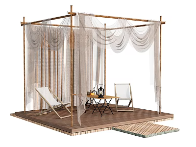 Outdoor Relaxation Space With Wooden Gazebo Net Curtains Loungers And Table 3d model