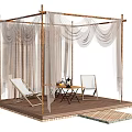 Outdoor Relaxation Space With Wooden Gazebo Net Curtains Loungers And Table
