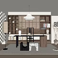 Stylish Study Room Interior With Checkerboard Wall Wooden Desk Built In Bookshelves And Woven Partition