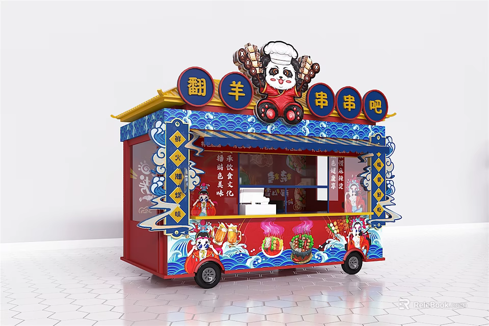 Panda Themed Mobile Food Cart With Traditional Chinese Decorations And Skewer Bar Service 3d model 