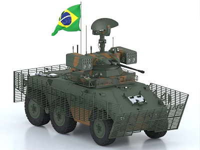 Six Wheeled Military Tank With Brazilian Flag Camouflage Antenna Equipment And Cage Armor 3d model