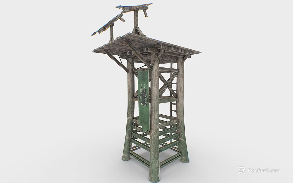 Wooden Tower Structure With Solar Panels On Roof And Green Pillars With Ladder 3d model 
