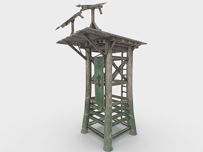 Wooden Tower Structure With Solar Panels On Roof And Green Pillars With Ladder 3d model