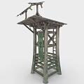 Wooden Tower Structure With Solar Panels On Roof And Green Pillars With Ladder