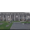 Modern Residential Building Exterior With Large Glass Windows Courtyard Greenery And Water Features