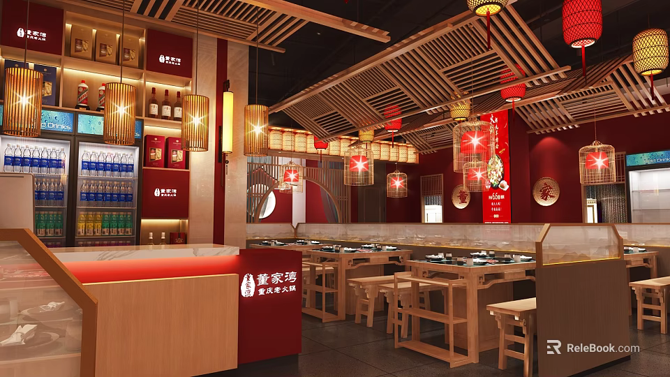 Traditional Chinese Hotpot Restaurant Interior With Red Decor Wooden Tables And Hanging Lanterns 3d model 