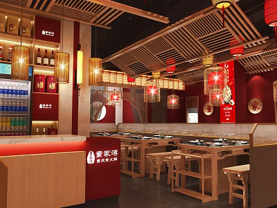 Traditional Chinese Hotpot Restaurant Interior With Red Decor Wooden Tables And Hanging Lanterns 3d model