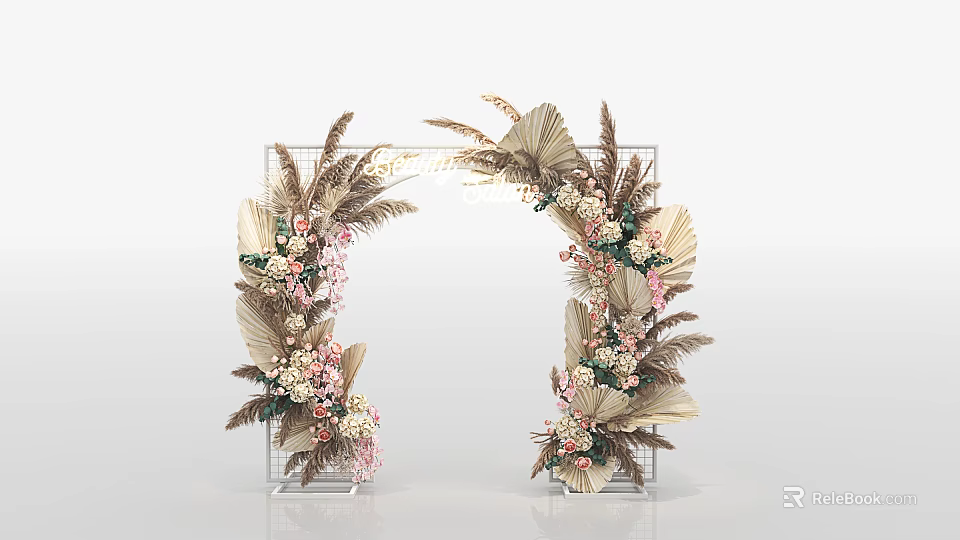 Decorative Event Archway With Palm Leaves Pink White Flowers And Metal Grid Frame 3d model 