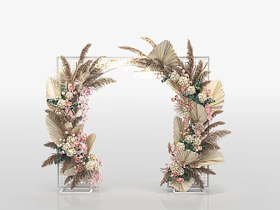 Decorative Event Archway With Palm Leaves Pink White Flowers And Metal Grid Frame 3d model