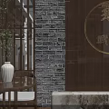 Chinese Style Reception Space With Wooden Ceiling Marble Front Desk And Display Shelves