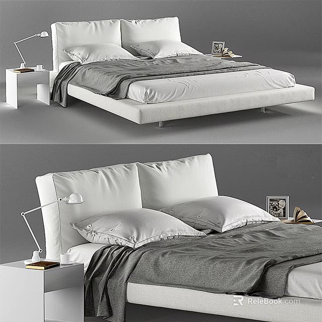 Modern Double Bed with White Headboard Gray Blanket Nightstand Table Lamp and Pillows 3d model 
