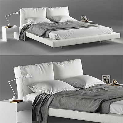 Modern Double Bed with White Headboard Gray Blanket Nightstand Table Lamp and Pillows 3d model