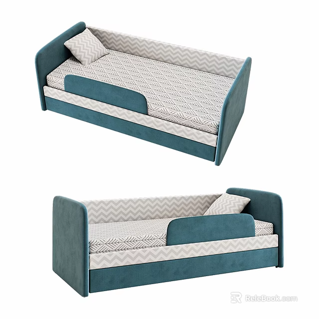 Modern Teal Single Bed with Padded Headboard Footboard and Zigzag Pattern Mattress 3d model 