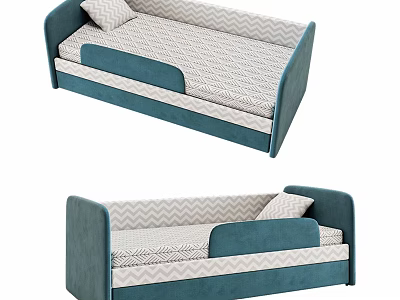 Modern Teal Single Bed with Padded Headboard Footboard and Zigzag Pattern Mattress 3d model