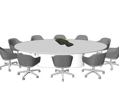 Round Conference Table With Gray Office Chairs And Green Plant Decoration 3d model