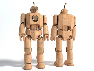 Handmade Wooden Building Blocks Assembled Into Two Detailed Articulated Robot Models 3d model