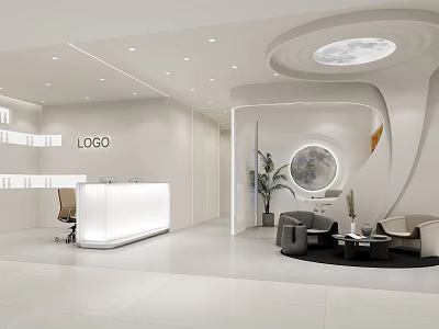 Beauty Hair Salon Interior With White Reception Desk Curved Design Circular Decor Sofa And Plant 3d model