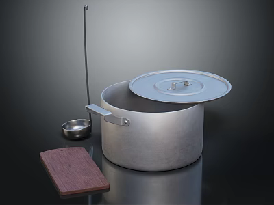 Stainless Steel Cooking Pot With Lid Small Spoon Long Handle Tool And Wooden Cutting Board 3d model