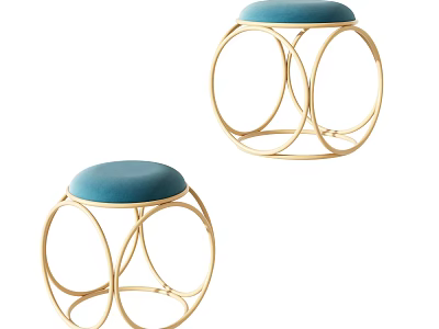 Two Modern Stools With Blue Cushion And Gold Circular Metal Frame Design 3d model