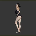 Stylish Woman In Black One Shoulder Bodysuit Standing On Black Floor With Gray Background