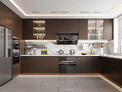 Modern Kitchen Interior With Dark Cabinets Marble Countertops And Stainless Steel Appliances 3d model