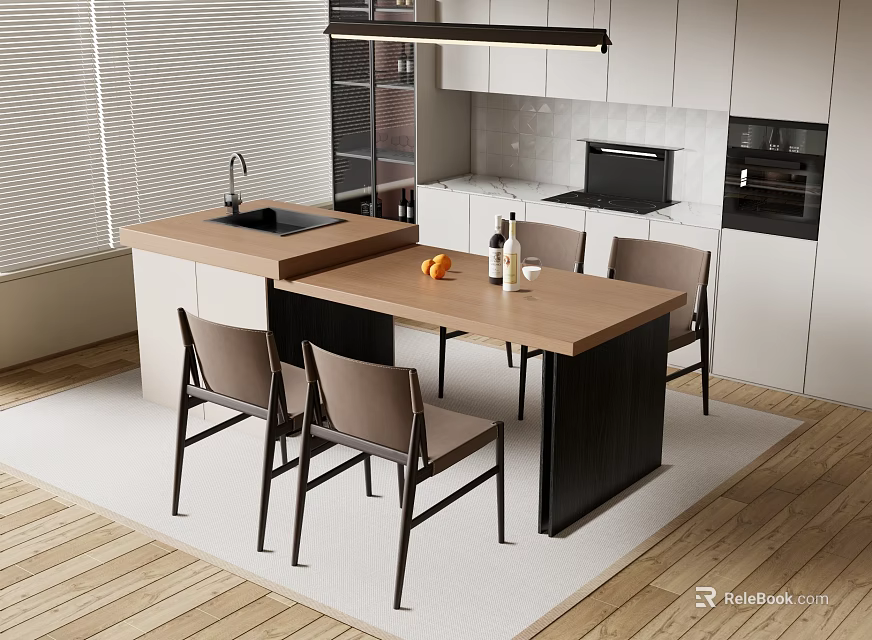 Modern Open Kitchen Bar Counter With Wooden Top And Dining Chairs 3d model 
