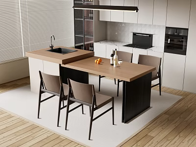 Modern Open Kitchen Bar Counter With Wooden Top And Dining Chairs 3d model