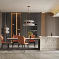 Modern Restaurant Interior With Orange Chairs Dining Table And Pendant Light 3d model