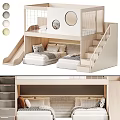 Kids Wooden Bunk Bed with Stairs Slide and Round Windows Soft Pillows and Comfortable Mattress
