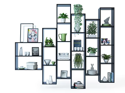 Modern Display Shelving Unit Featuring Plants Decorative Items Photo Frames And Books 3d model