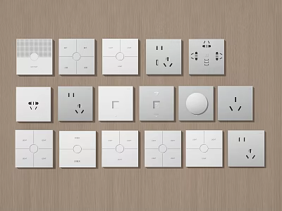 Modern Home Switch Panels With Various Designs And Socket Options On Wooden Wall 3d model