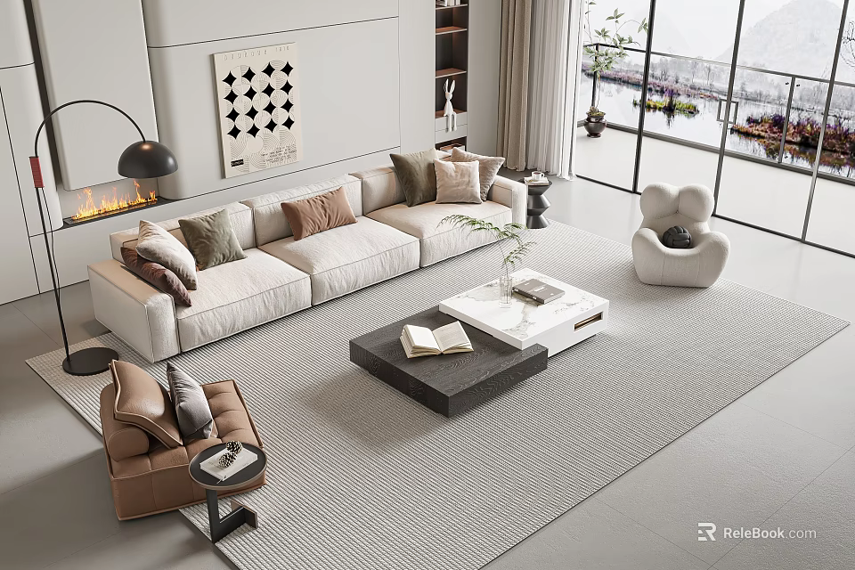 Elegant Modern Sofa and Coffee Table Set With Decorative Cushions Area Rug and Large Windows 3d model 
