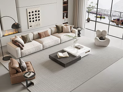 Elegant Modern Sofa and Coffee Table Set With Decorative Cushions Area Rug and Large Windows 3d model