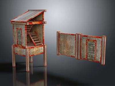 Weathered Wooden House With Sloped Roof Stairs And Exposed Weathered Plank Walls 3d model