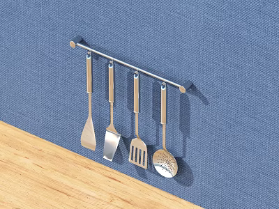 Wall Mounted Metal Kitchen Utensils Rack with Hanging Cooking Tools on Blue Wall 3d model