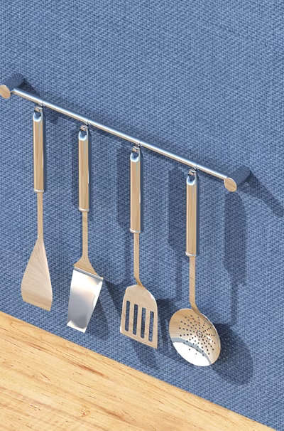 Wall Mounted Metal Kitchen Utensils Rack with Hanging Cooking Tools on Blue Wall 3d model