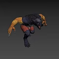 Game Movie Werewolf Character With Black Fur Yellow Eyes Sharp Fangs Bandaged Arms Red Shorts