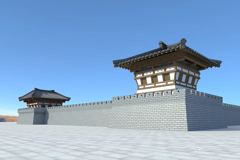Ancient Architecture Featuring Traditional Gate Tower and Gray Brick City Wall Under Clear Blue Sky 3d model 