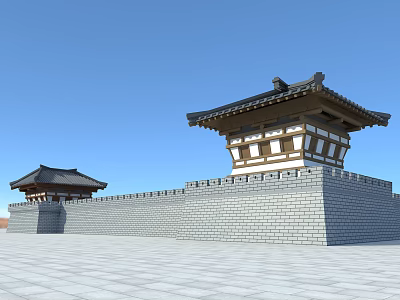 Ancient Architecture Featuring Traditional Gate Tower and Gray Brick City Wall Under Clear Blue Sky 3d model