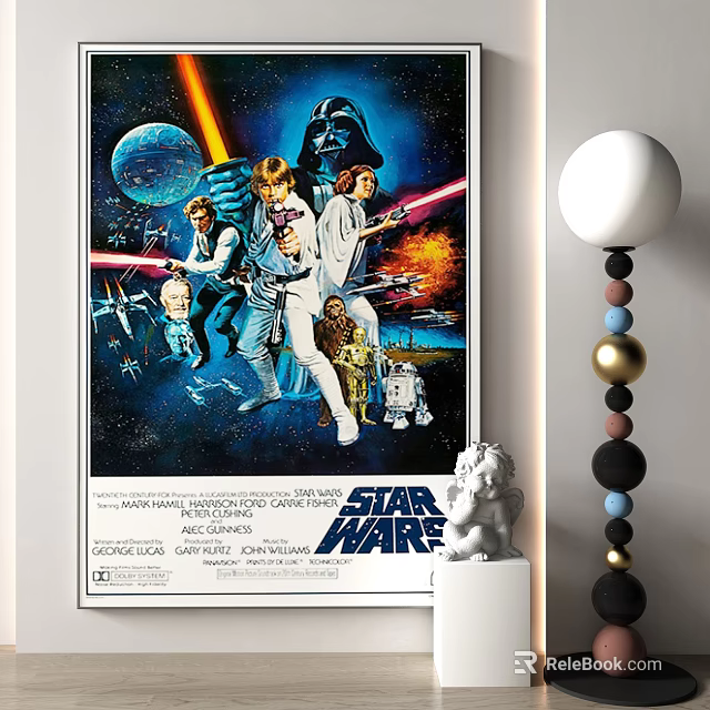 Star Wars Movie Poster With Decorative Lamp And Sculpture In Room 3d model 