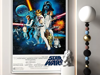 Star Wars Movie Poster With Decorative Lamp And Sculpture In Room 3d model